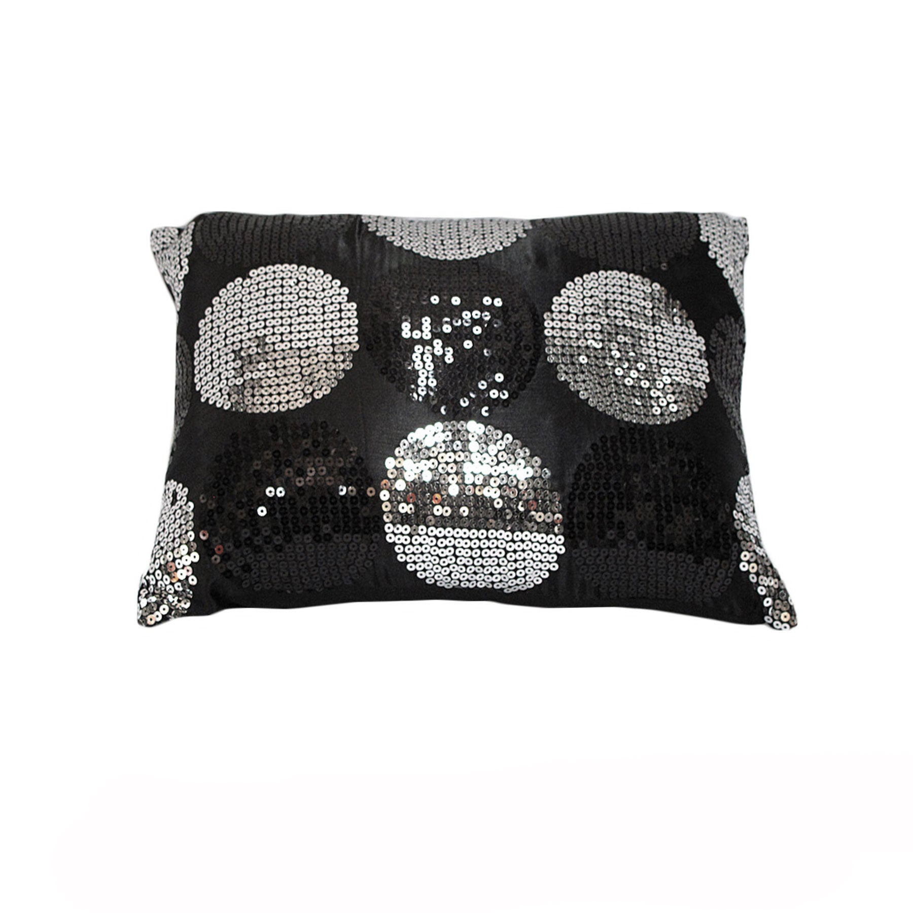 A luxurious sequined cushion in black and silver, featuring a shimmering design, perfect for home decor.