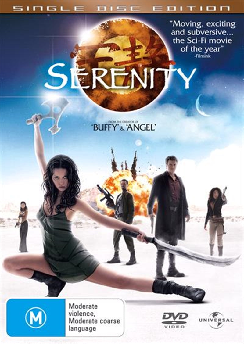 Serenity DVD cover featuring Captain Malcolm Reynolds and the crew in a space setting, showcasing the film's adventurous theme.