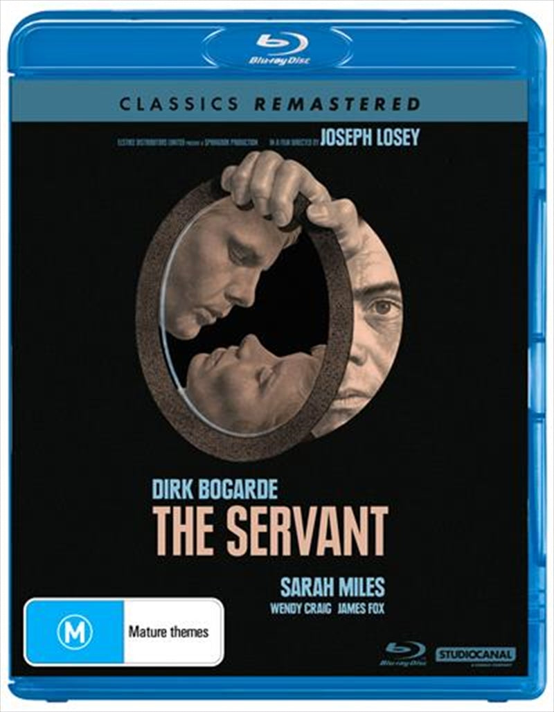 Blu-ray cover of 'Servant | Classics Remastered' featuring James Fox and Dirk Bogarde in a dramatic pose.