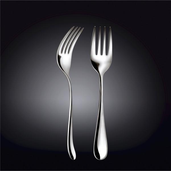 A 9-inch serving fork made of high polish stainless steel, featuring a finely balanced handle and elegant design, perfect for serving various dishes.