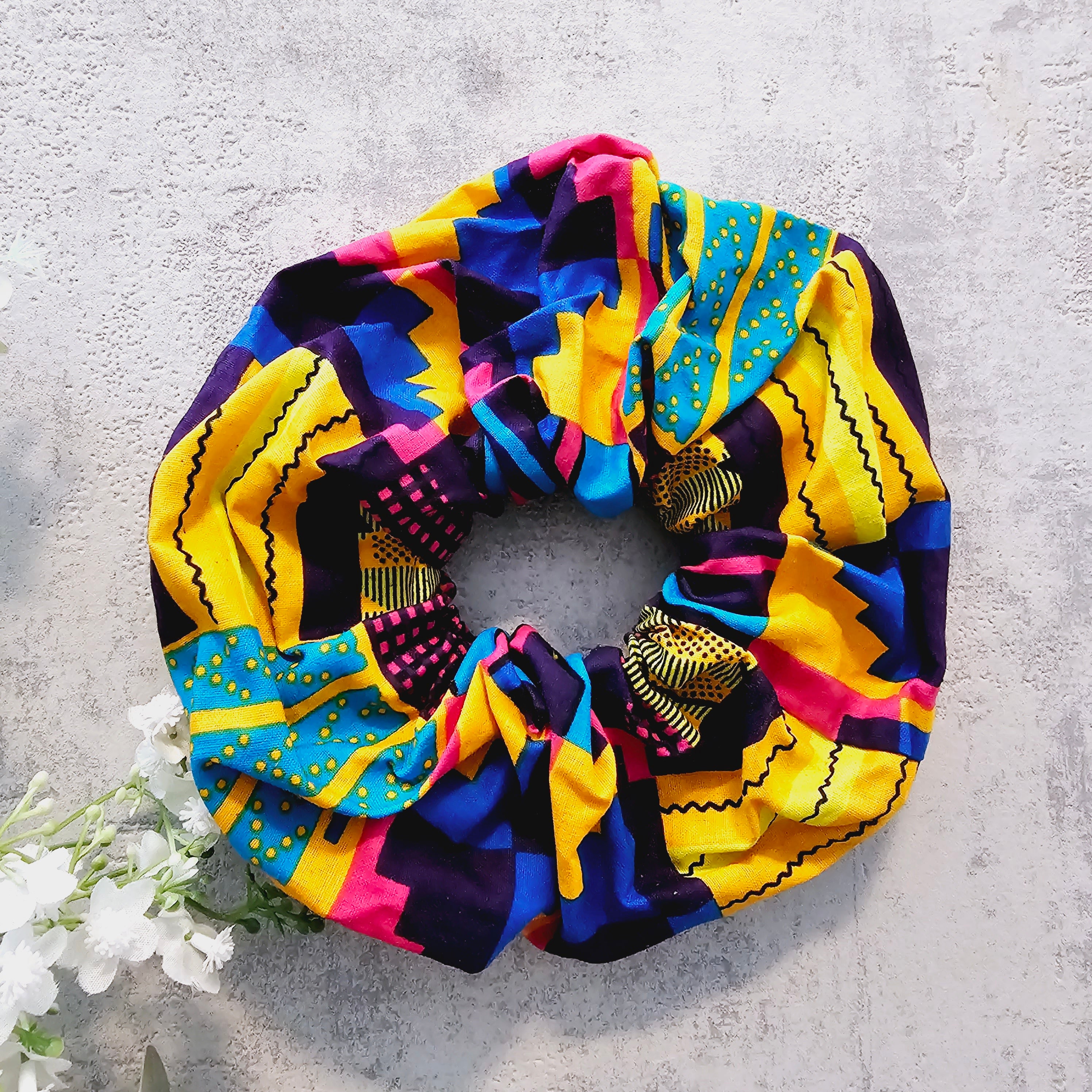 Set of 2 XL Hair Scrunchies in vibrant colors, showcasing their durable fabric and double-elastic design.