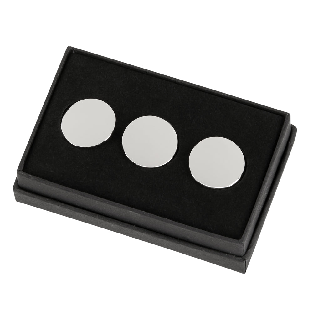 Set of 3 stylish golf ball markers in a gift box, featuring non-tarnish nickel plating.