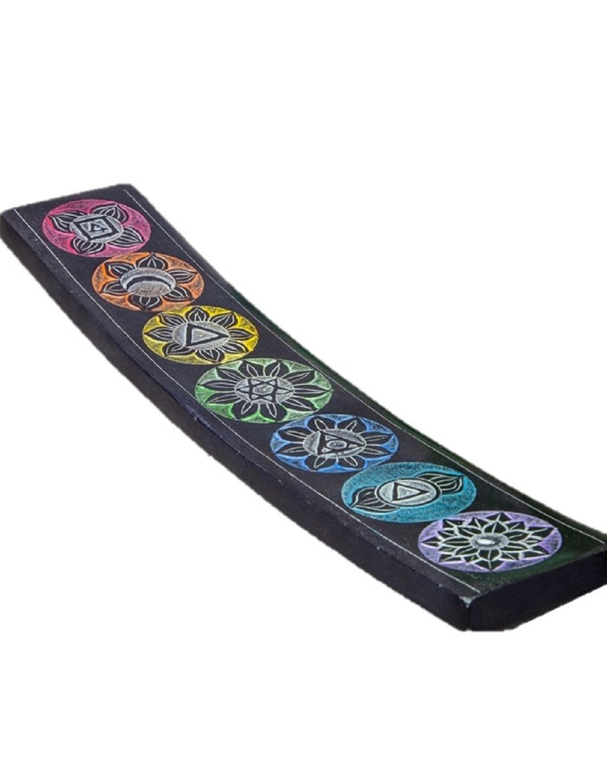 A beautifully handcrafted Seven Chakra Soapstone Incense Burner featuring vibrant chakra colors and intricate designs, ideal for home decor.