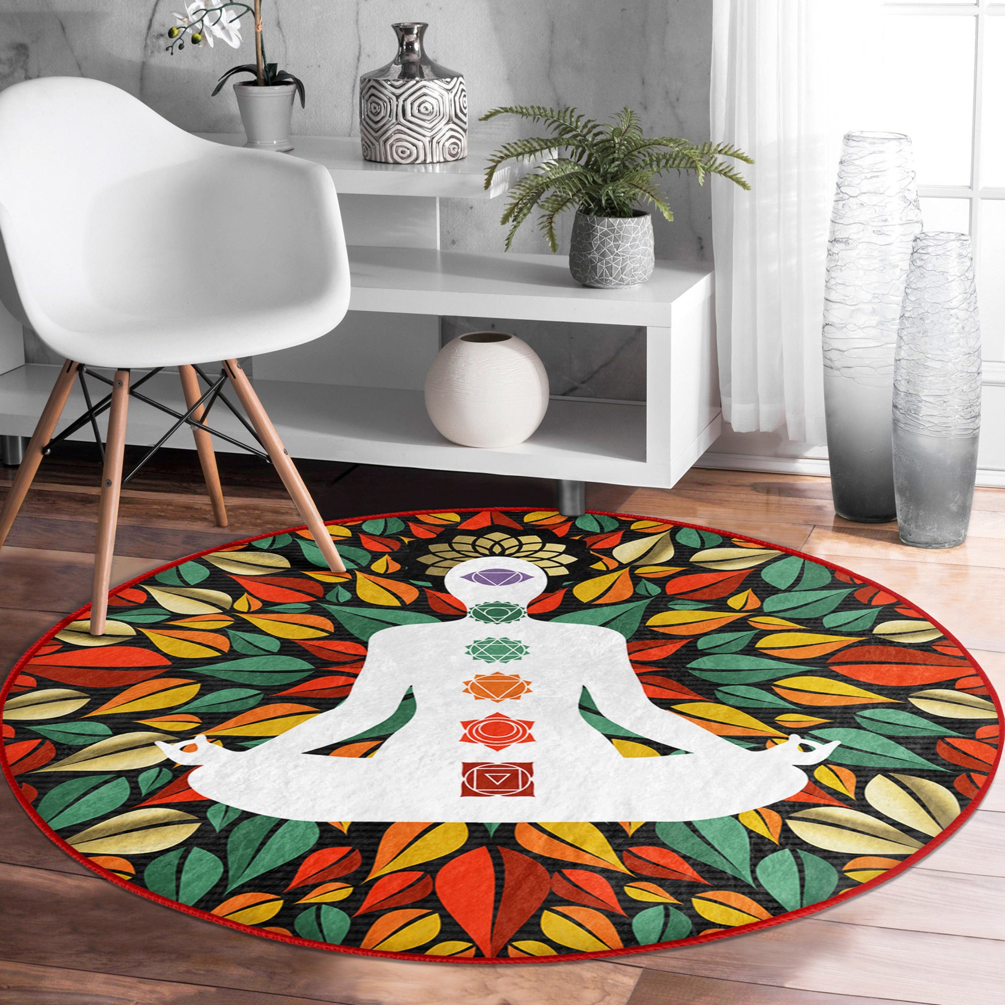 A soft, round rug featuring the seven chakra symbols, designed for meditation spaces, showcasing vibrant colors and intricate patterns.