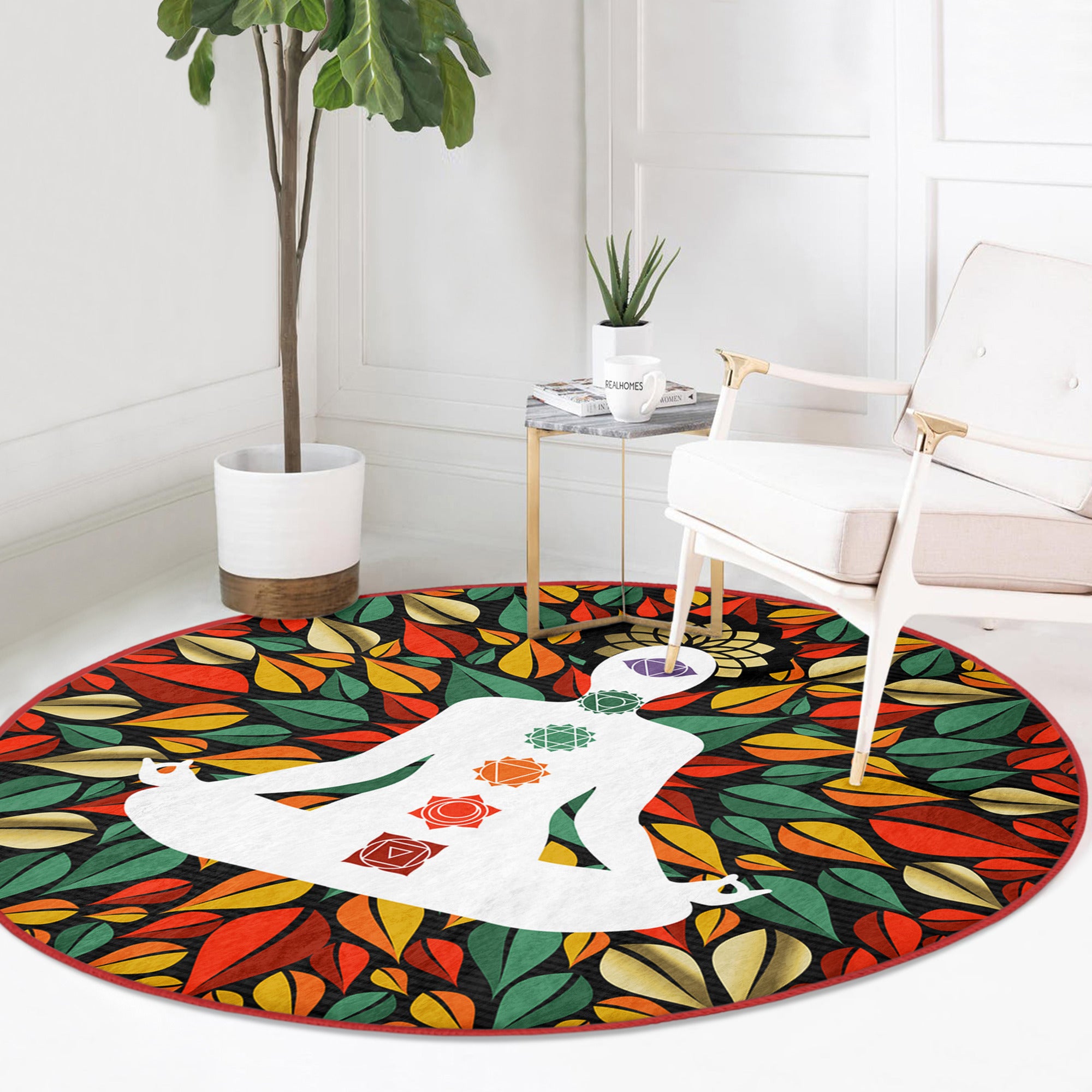 A soft, round rug featuring the seven chakra symbols, designed for meditation spaces, showcasing vibrant colors and intricate patterns.