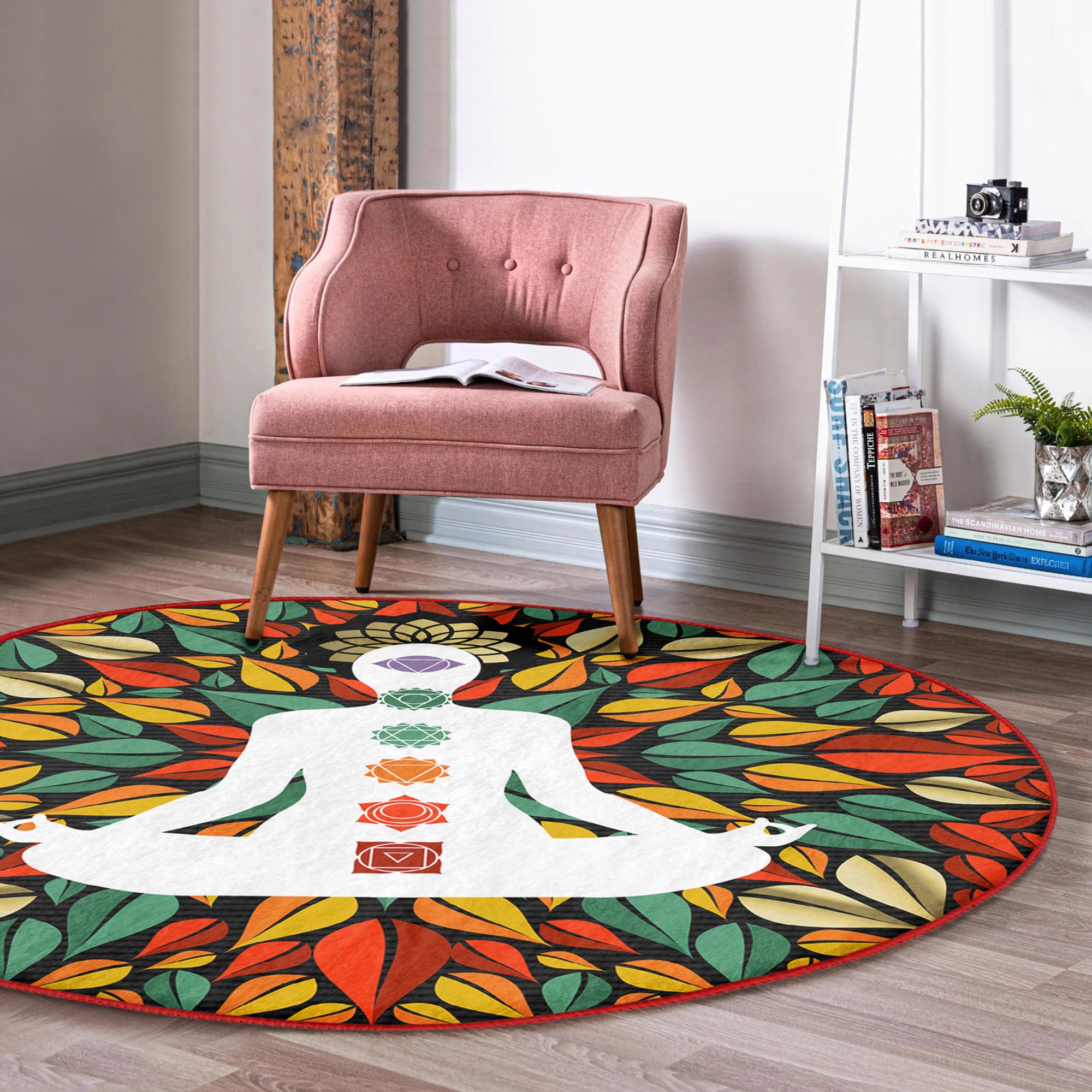 A soft, round rug featuring the seven chakra symbols, designed for meditation spaces, showcasing vibrant colors and intricate patterns.