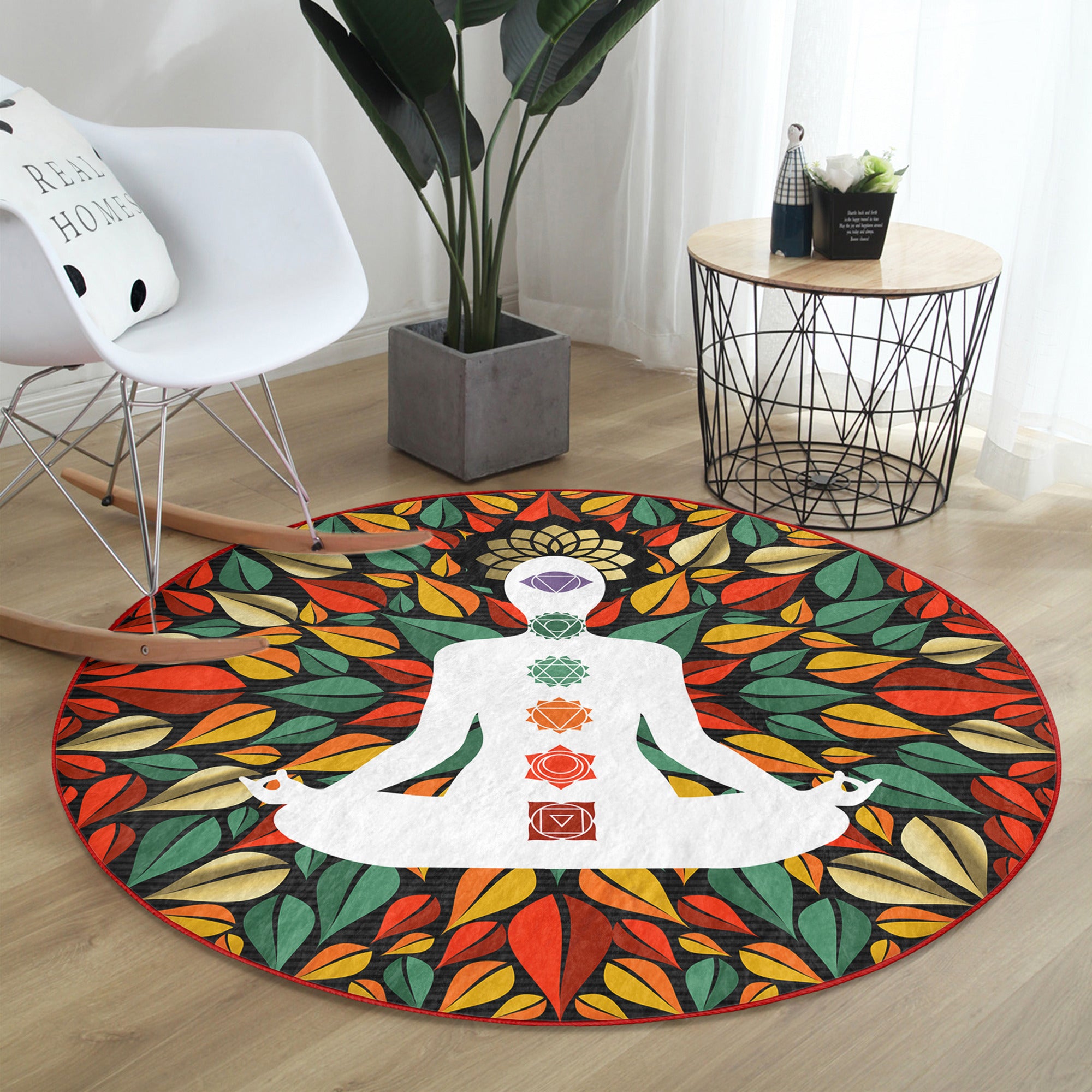 A soft, round rug featuring the seven chakra symbols, designed for meditation spaces, showcasing vibrant colors and intricate patterns.