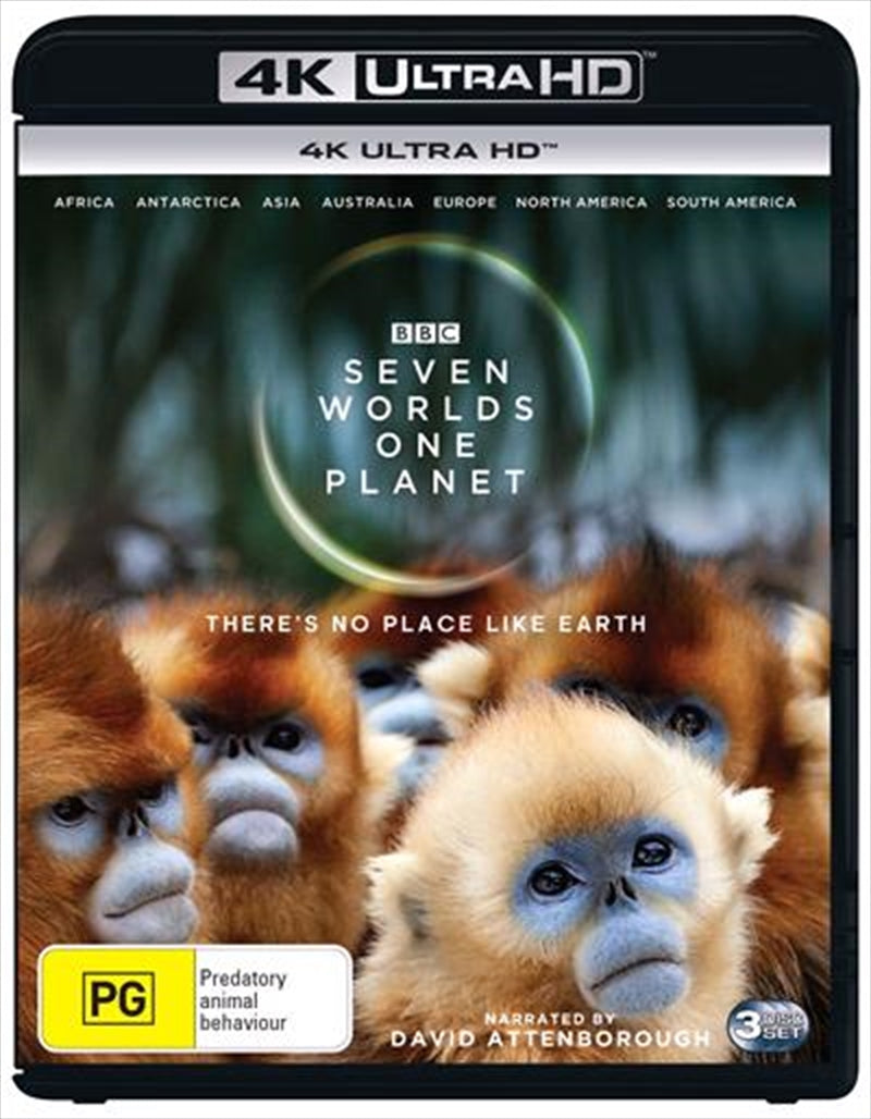 Cover of 'Seven Worlds, One Planet' Blu-ray + UHD featuring stunning visuals of Earth's continents and wildlife.