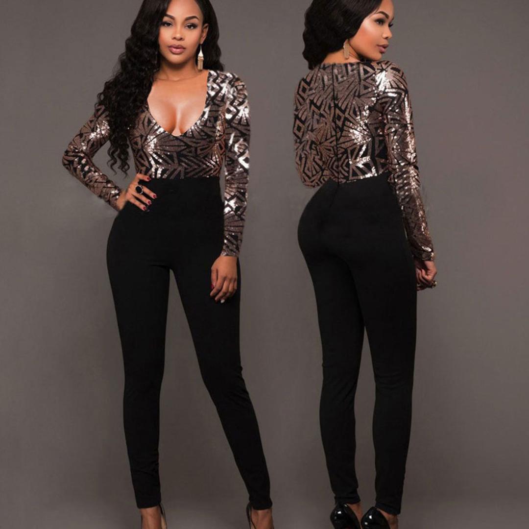 A stylish woman wearing a sexy V neck jumpsuit with long sleeves and sequins, perfect for autumn events.