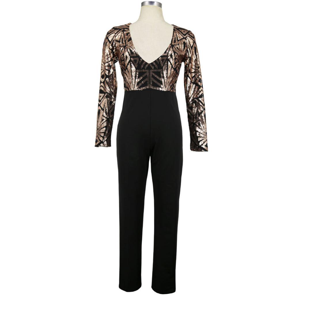 A stylish woman wearing a sexy V neck jumpsuit with long sleeves and sequins, perfect for autumn events.