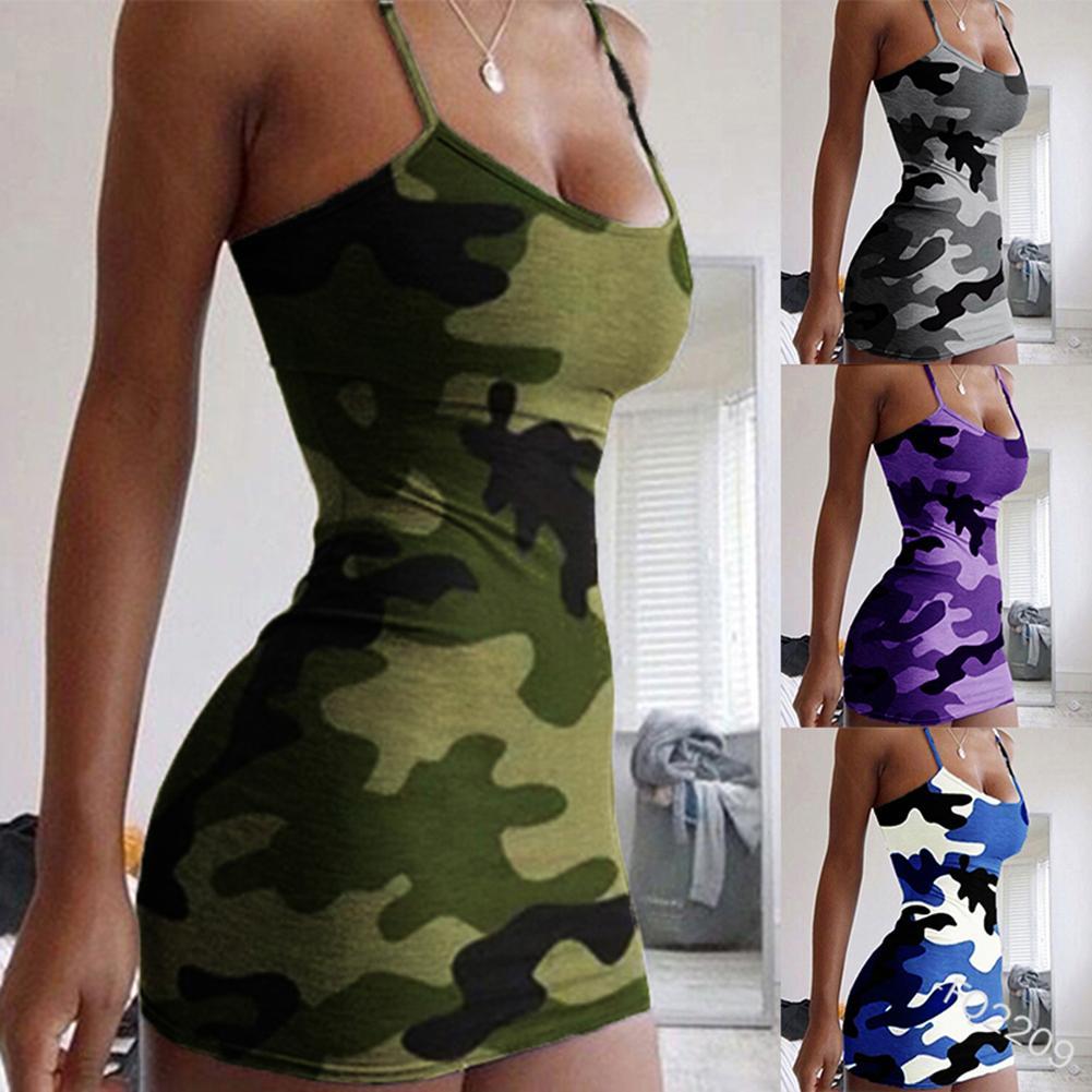 A stylish sexy women sleeveless bodycon dress featuring a camouflage print, perfect for summer parties and gatherings.