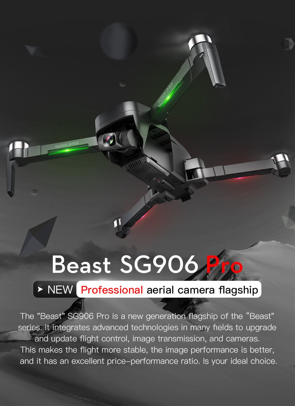 SG906 PRO 1200m RC Distance Drone with 4K HD camera, showcasing its sleek black design and advanced features.