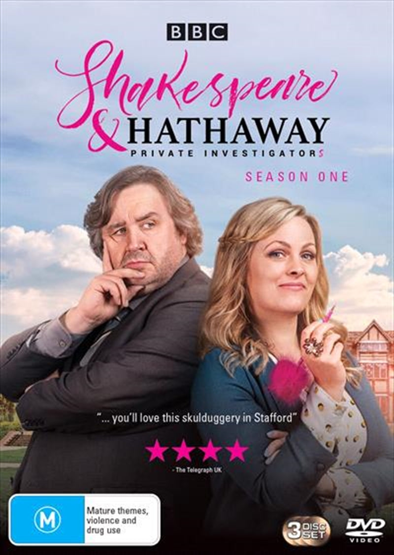 Cover of Shakespeare and Hathaway - Private Investigators DVD featuring Frank Hathaway and Lu in a detective pose, set against a backdrop of Stratford-upon-Avon.