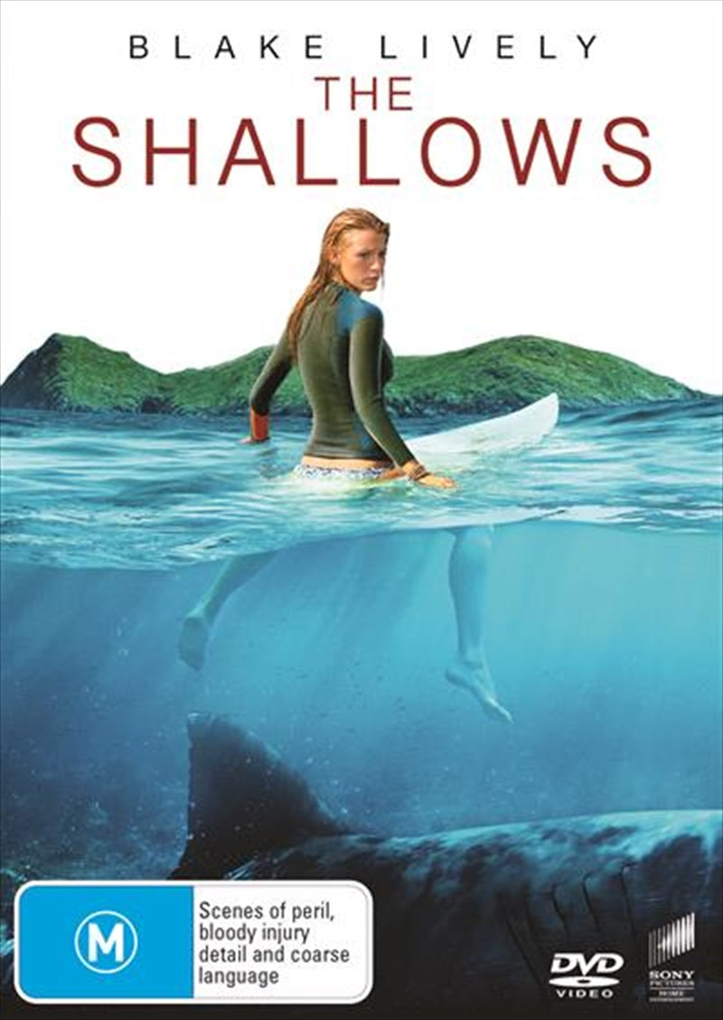 The Shallows DVD cover featuring Blake Lively surfing with a great white shark in the background.