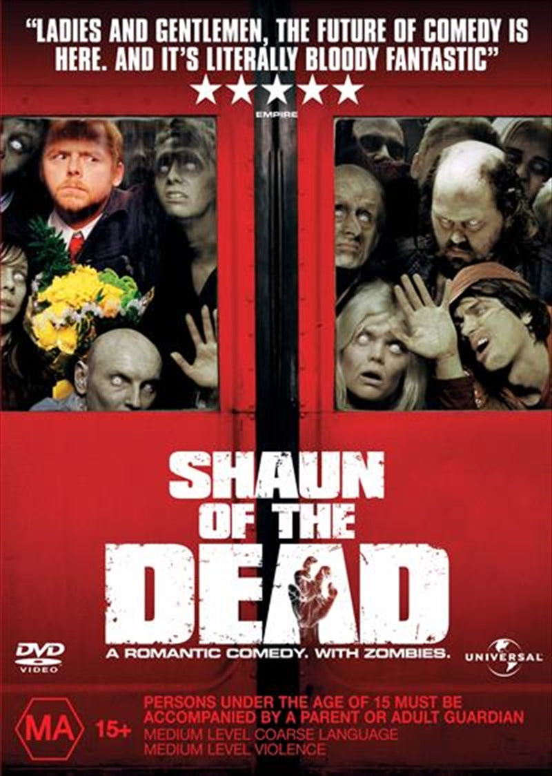 Shaun Of The Dead DVD cover featuring Shaun and Ed amidst a zombie apocalypse.