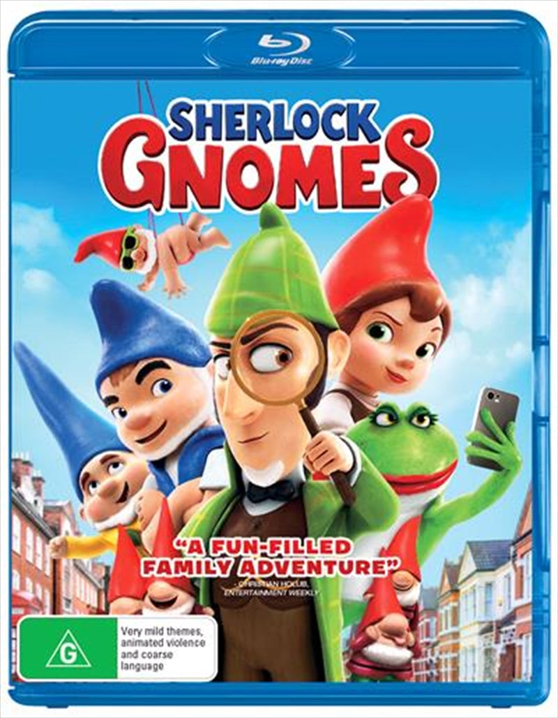 Sherlock Gnomes Blu-ray cover featuring Gnomeo, Juliet, and Sherlock Gnomes in a colorful garden setting.