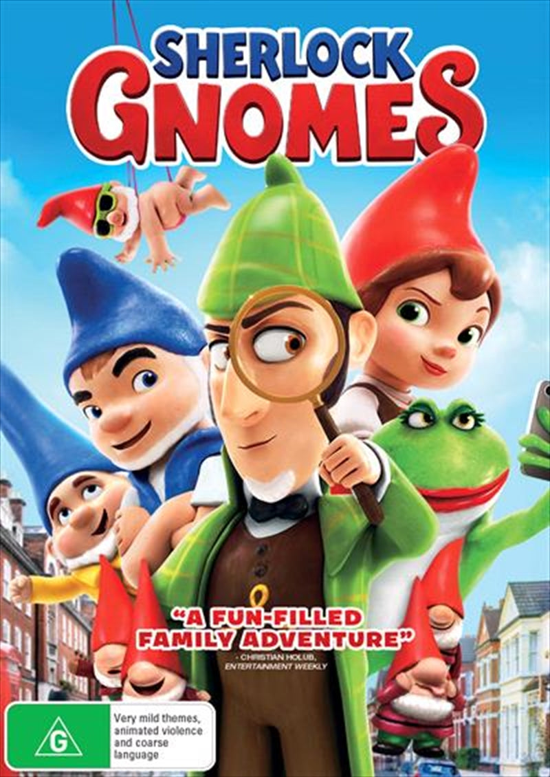 Sherlock Gnomes DVD cover featuring Gnomeo, Juliet, and Sherlock Gnomes in a colorful garden setting.