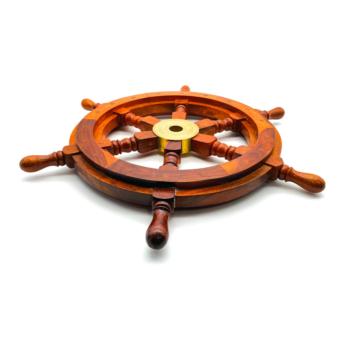 Handcrafted Ship Wheel 450mm made of natural wood, perfect for nautical decor.