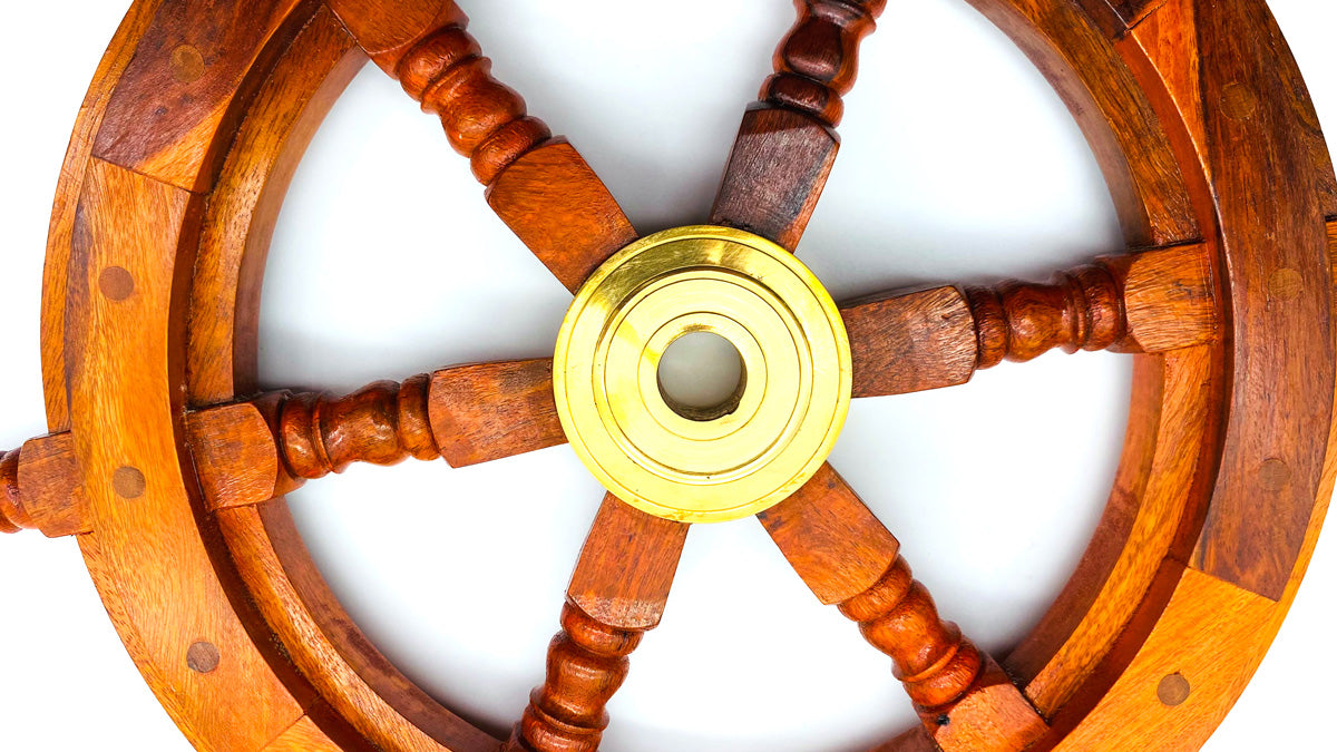 Handcrafted Ship Wheel 450mm made of natural wood, perfect for nautical decor.