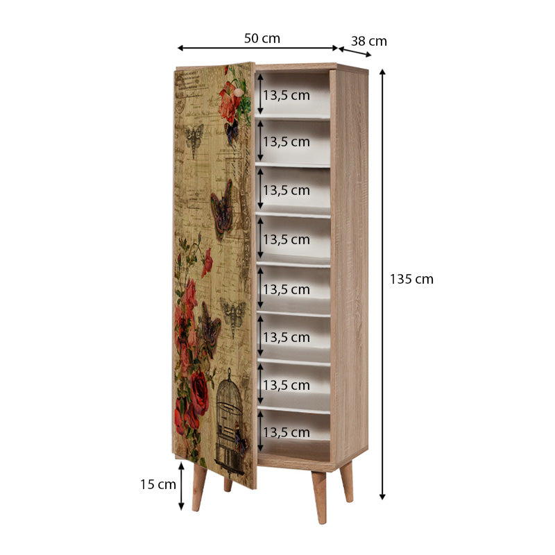 Shoe Cabinet BUTTERFLY in sonoma finish with stylish design and wooden legs, showcasing eight storage compartments.