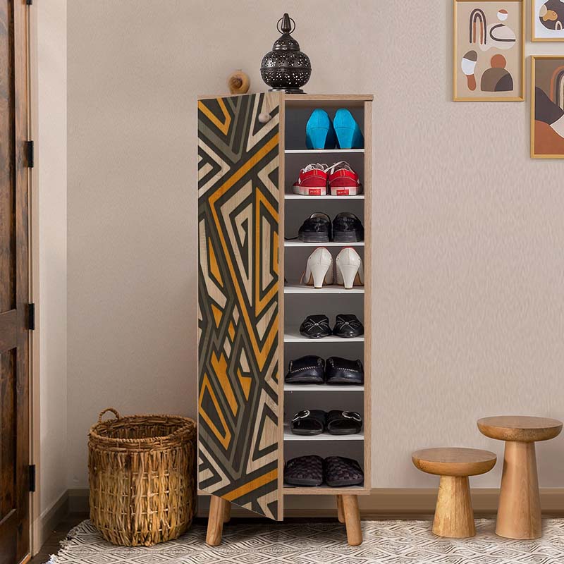 Shoe Cabinet TRIANGLES in sonoma color with stylish digital print, featuring eight storage compartments and wooden legs.