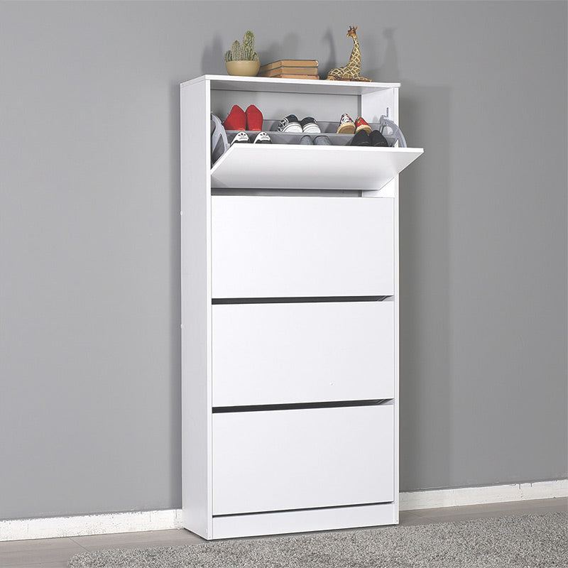 ANDORRA White Shoe Rack with four folding cupboards, designed to hold 24 pairs of shoes, measuring 73x26x157 cm.