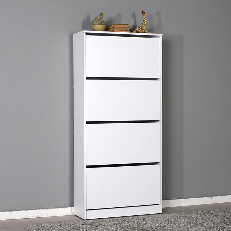 ANDORRA White Shoe Rack with four folding cupboards, designed to hold 24 pairs of shoes, measuring 73x26x157 cm.