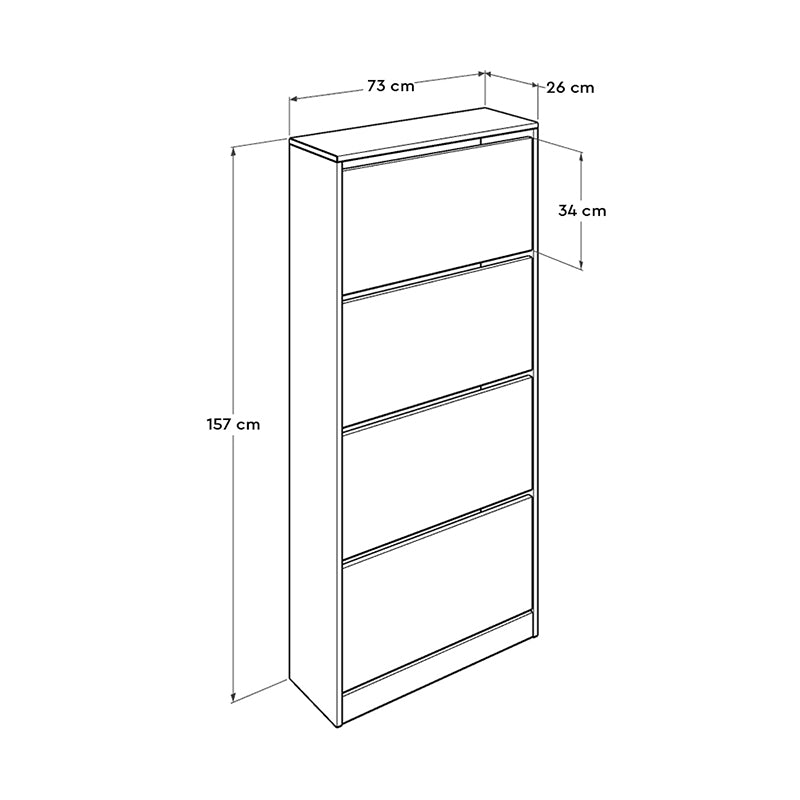 ANDORRA White Shoe Rack with four folding cupboards, designed to hold 24 pairs of shoes, measuring 73x26x157 cm.