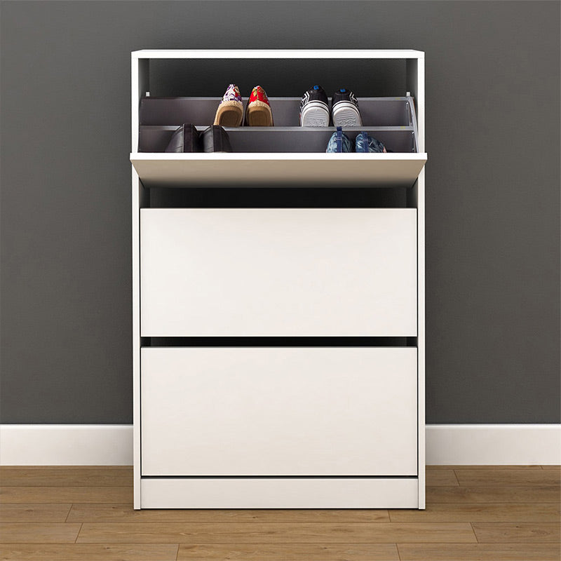 ANDORRA White Shoe Rack with three tilting cupboards, holding up to 18 pairs of shoes, dimensions 73x26x119cm.