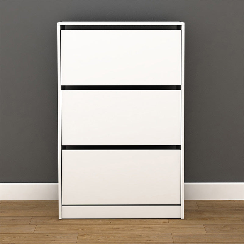 ANDORRA White Shoe Rack with three tilting cupboards, holding up to 18 pairs of shoes, dimensions 73x26x119cm.