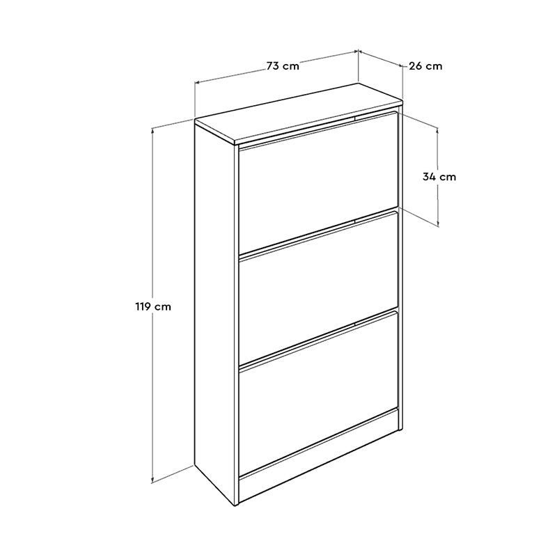 ANDORRA White Shoe Rack with three tilting cupboards, holding up to 18 pairs of shoes, dimensions 73x26x119cm.