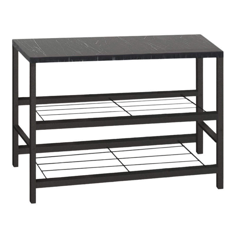 BIANCA Shoe Rack in black marble effect, holding 6 pairs of shoes, with two shelves and a modern design.