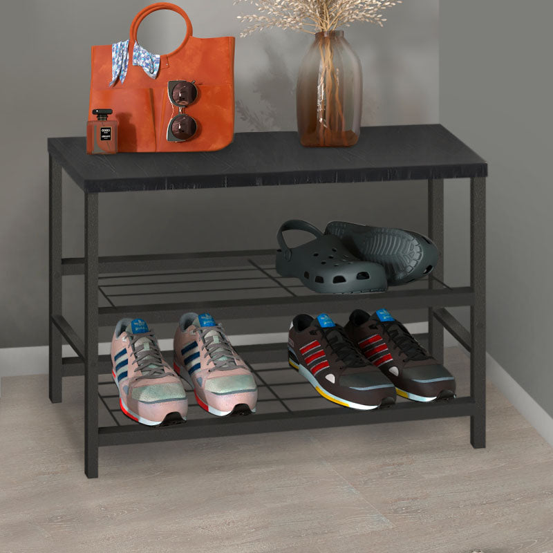 BIANCA Shoe Rack in black marble effect, holding 6 pairs of shoes, with two shelves and a modern design.