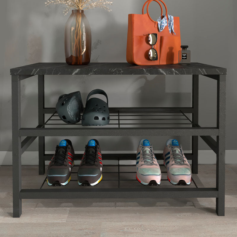 BIANCA Shoe Rack in black marble effect, holding 6 pairs of shoes, with two shelves and a modern design.