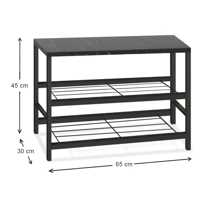 BIANCA Shoe Rack in black marble effect, holding 6 pairs of shoes, with two shelves and a modern design.