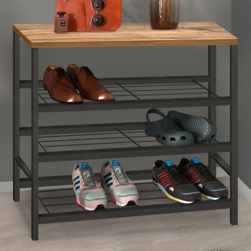 BIANCA Shoe Rack in black metal and oak finish, designed to hold 9 pairs of shoes with three shelves.