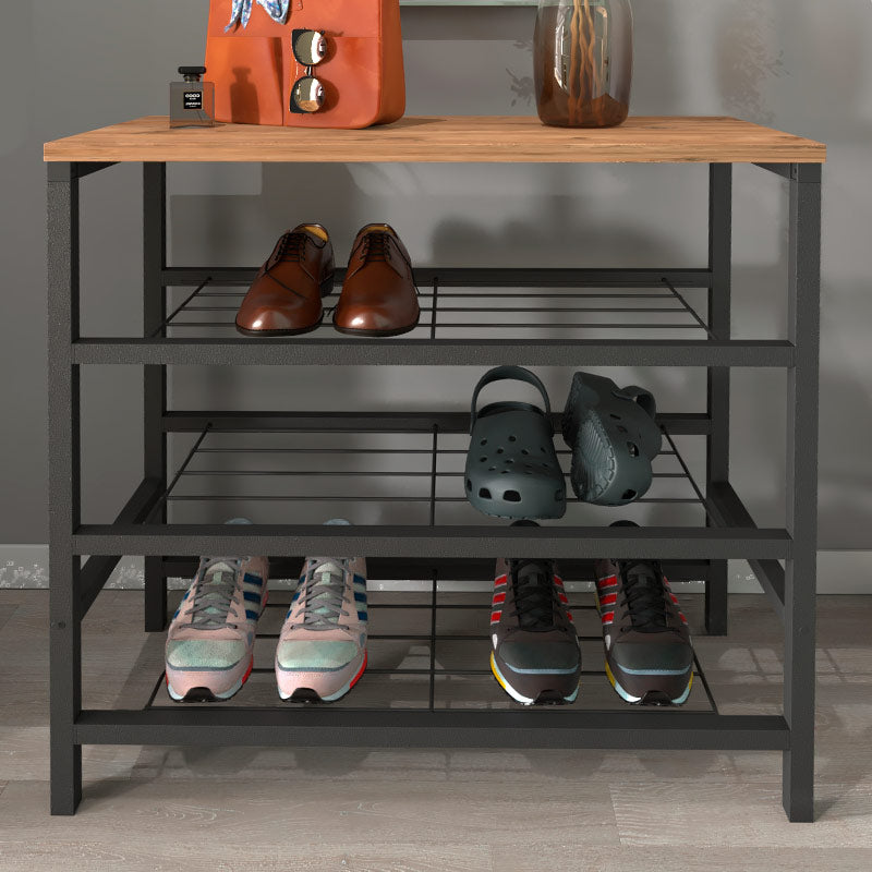 BIANCA Shoe Rack in black metal and oak finish, designed to hold 9 pairs of shoes with three shelves.