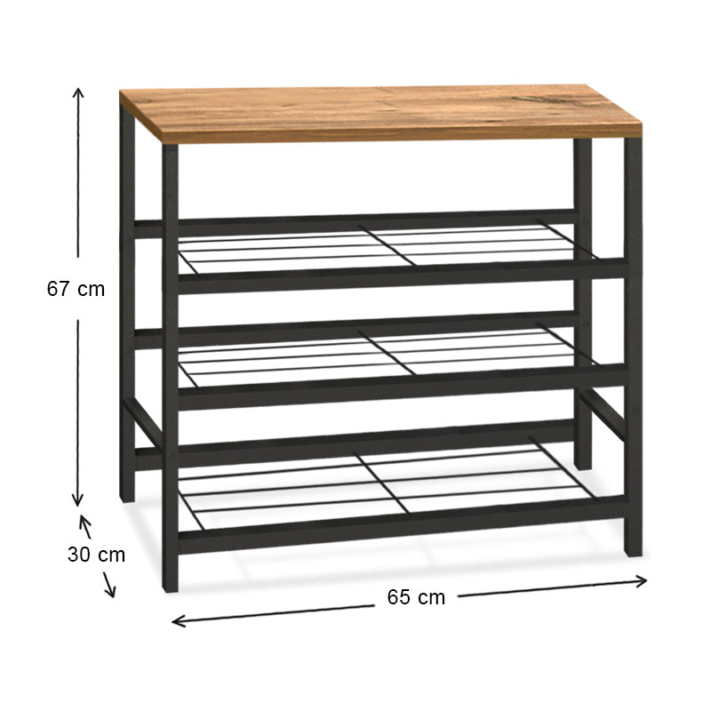 BIANCA Shoe Rack in black metal and oak finish, designed to hold 9 pairs of shoes with three shelves.