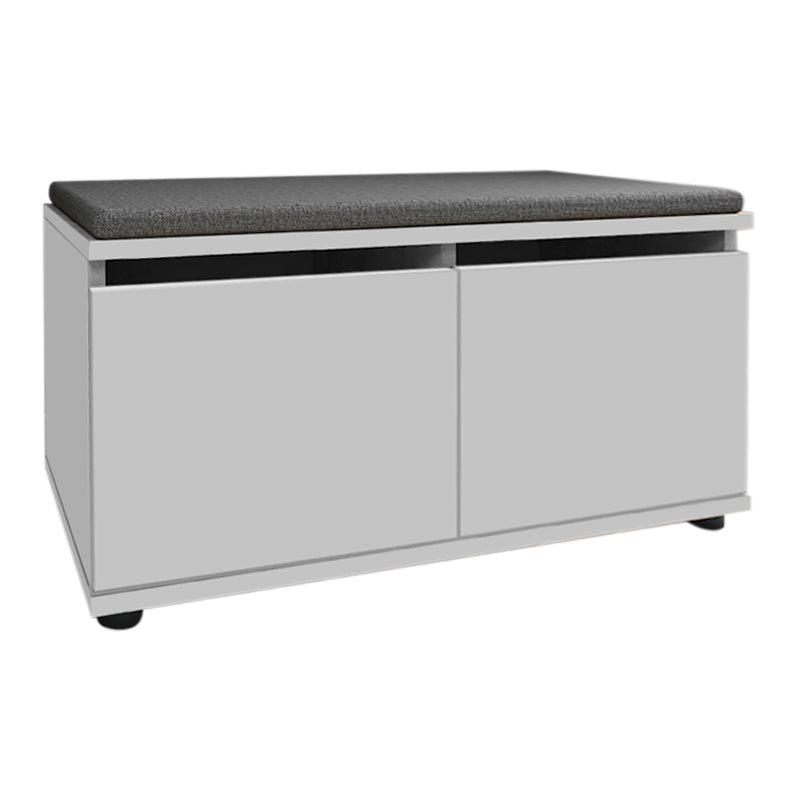 White CARMA shoe rack with capacity for 8 pairs, featuring a comfortable anthracite seat cushion on top.