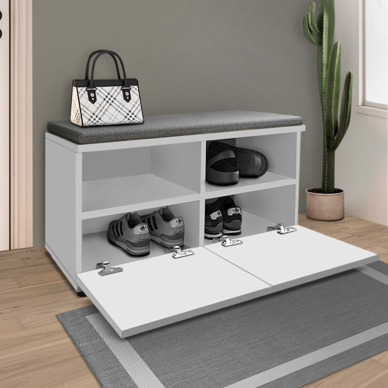 White CARMA shoe rack with capacity for 8 pairs, featuring a comfortable anthracite seat cushion on top.