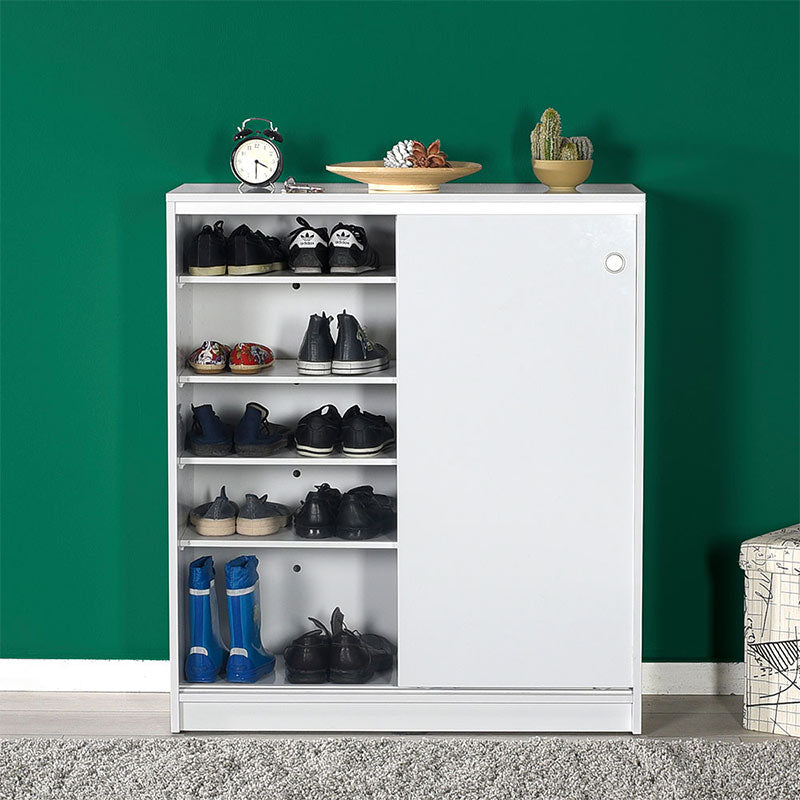 White ESTERA Shoe Rack with sliding doors, holding 20 pairs of shoes, dimensions 91x37x105cm.