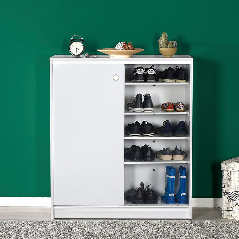 White ESTERA Shoe Rack with sliding doors, holding 20 pairs of shoes, dimensions 91x37x105cm.