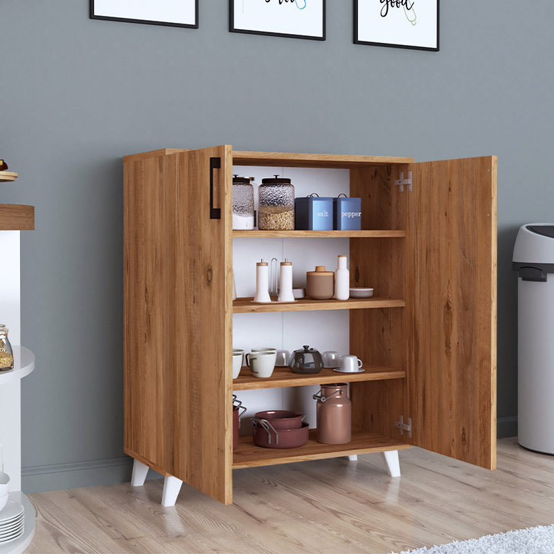 Shoe Rack ICELAND in oak finish with four shelves and white polypropylene legs, suitable for various home and business settings.