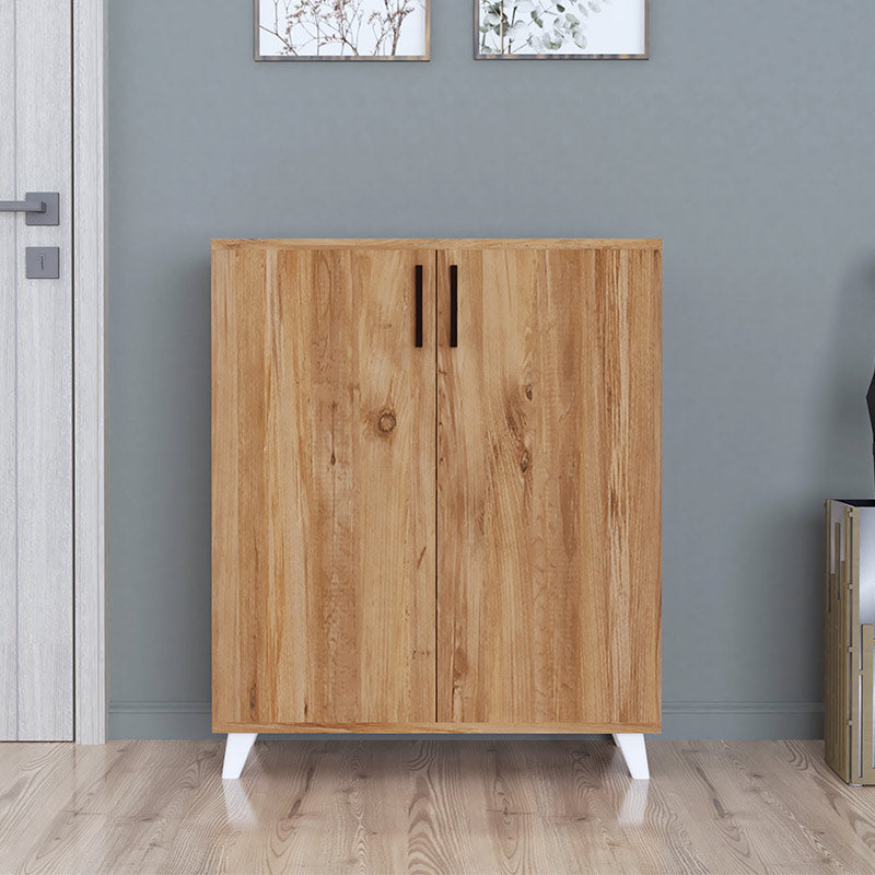 Shoe Rack ICELAND in oak finish with four shelves and white polypropylene legs, suitable for various home and business settings.