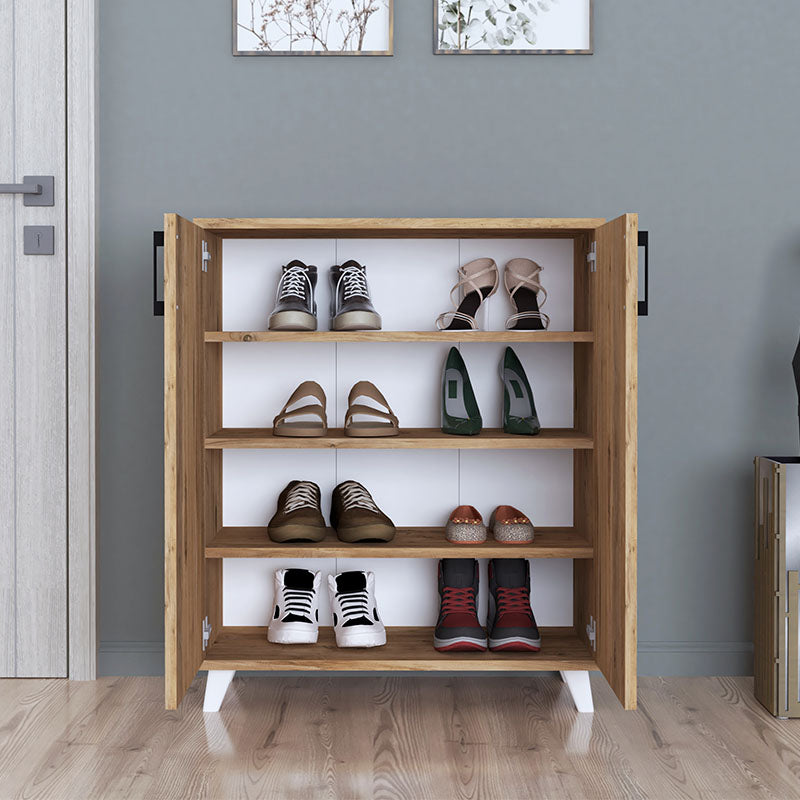 Shoe Rack ICELAND in oak finish with four shelves and white polypropylene legs, suitable for various home and business settings.