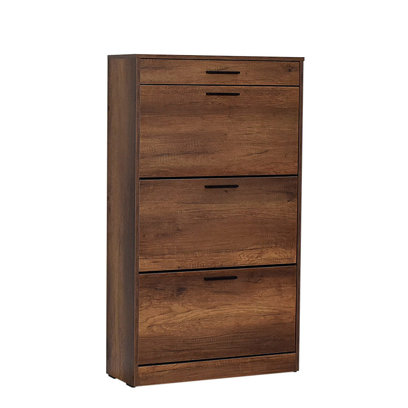 KRAMER Shoe Rack in walnut color, showcasing three tilting cupboards and a top drawer, perfect for organizing footwear.