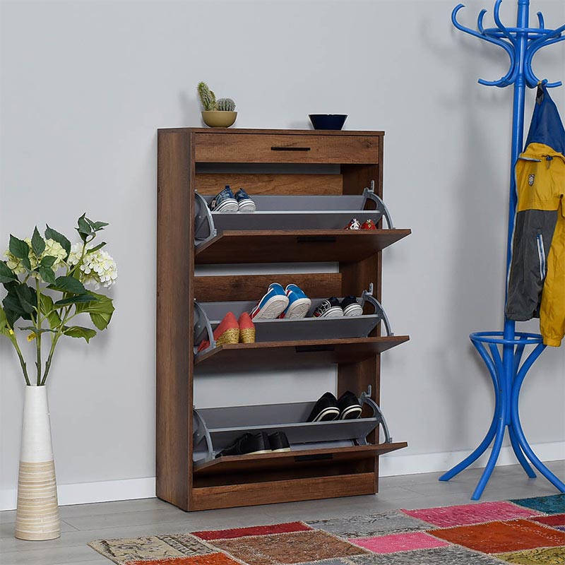 KRAMER Shoe Rack in walnut color, showcasing three tilting cupboards and a top drawer, perfect for organizing footwear.