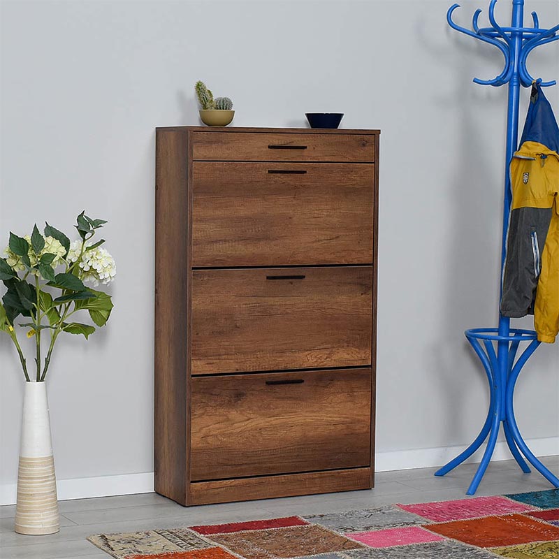 KRAMER Shoe Rack in walnut color, showcasing three tilting cupboards and a top drawer, perfect for organizing footwear.