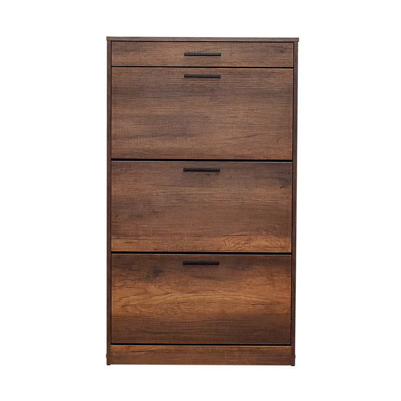 KRAMER Shoe Rack in walnut color, showcasing three tilting cupboards and a top drawer, perfect for organizing footwear.