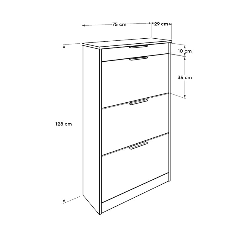 KRAMER Shoe Rack in walnut color, showcasing three tilting cupboards and a top drawer, perfect for organizing footwear.